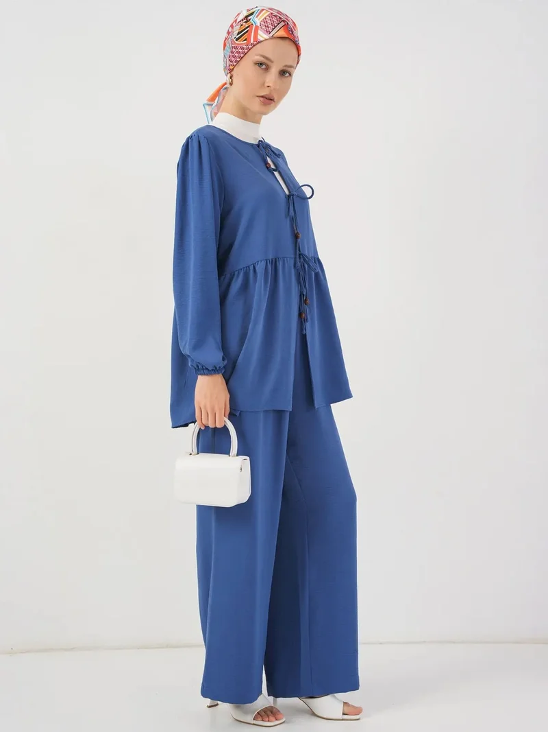 Big Dart Oxford Blue BDART Crew Neck Long Tunic and Wide Leg Pants Set for Women | Best Price UAE